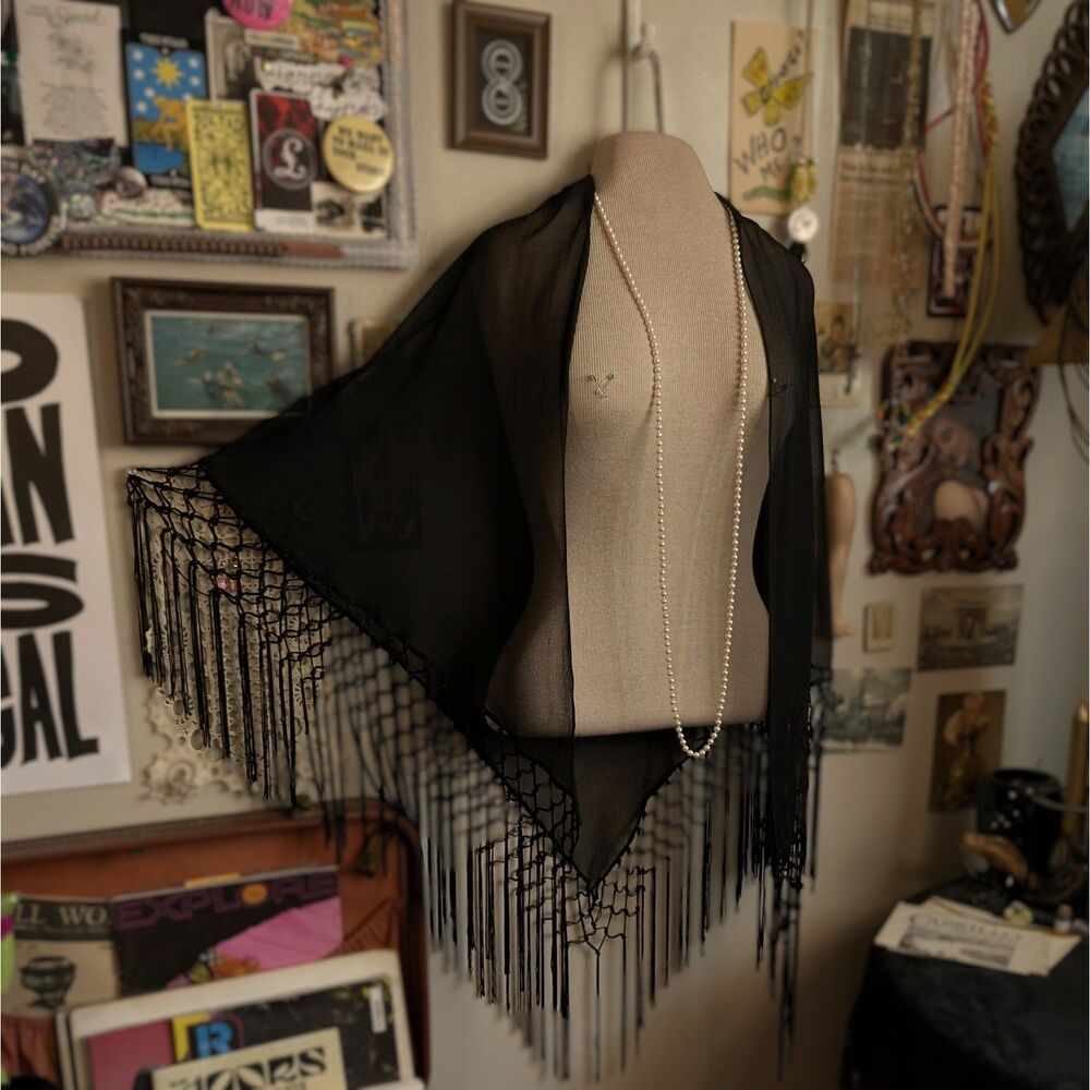 Sheer Netted Fringe Shawl Adult One Size Black